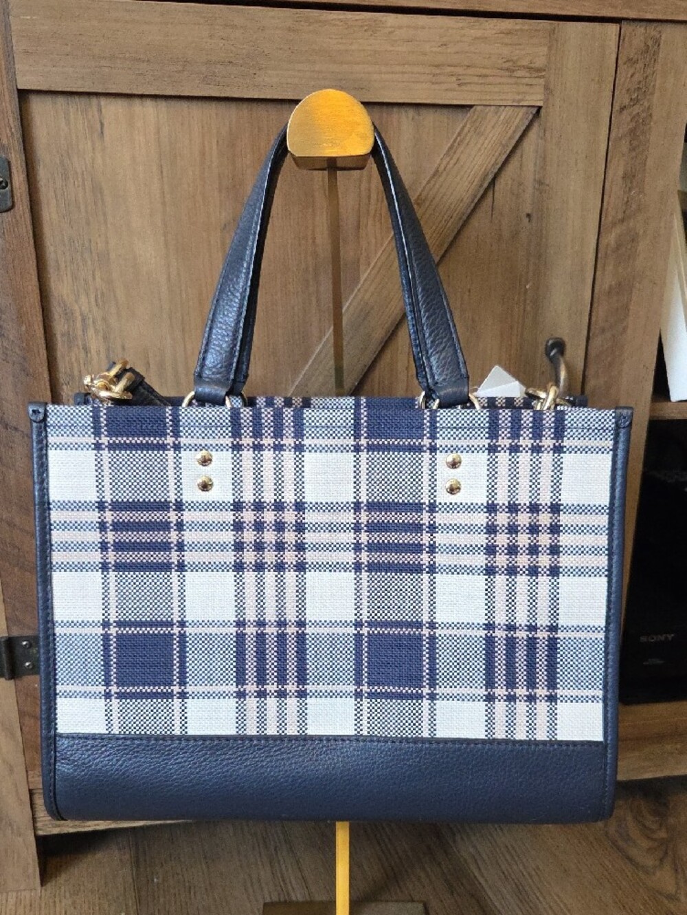 Coach Navy and Cream Garden Plaid Leather-Trim Dempsey Carry-All - Picture 2 of 7
